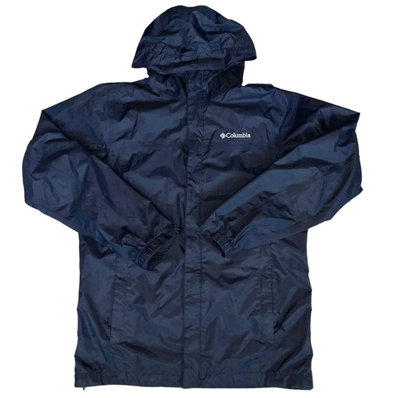 COLUMBIA Sportswear Company Navy Windbreaker Omni-Shade Hoodie Jacket Pockets - Picture 1 of 10